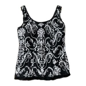 Le Damor Vintage Black White Damask Print Layered Lacey Tank Top Ladies Medium